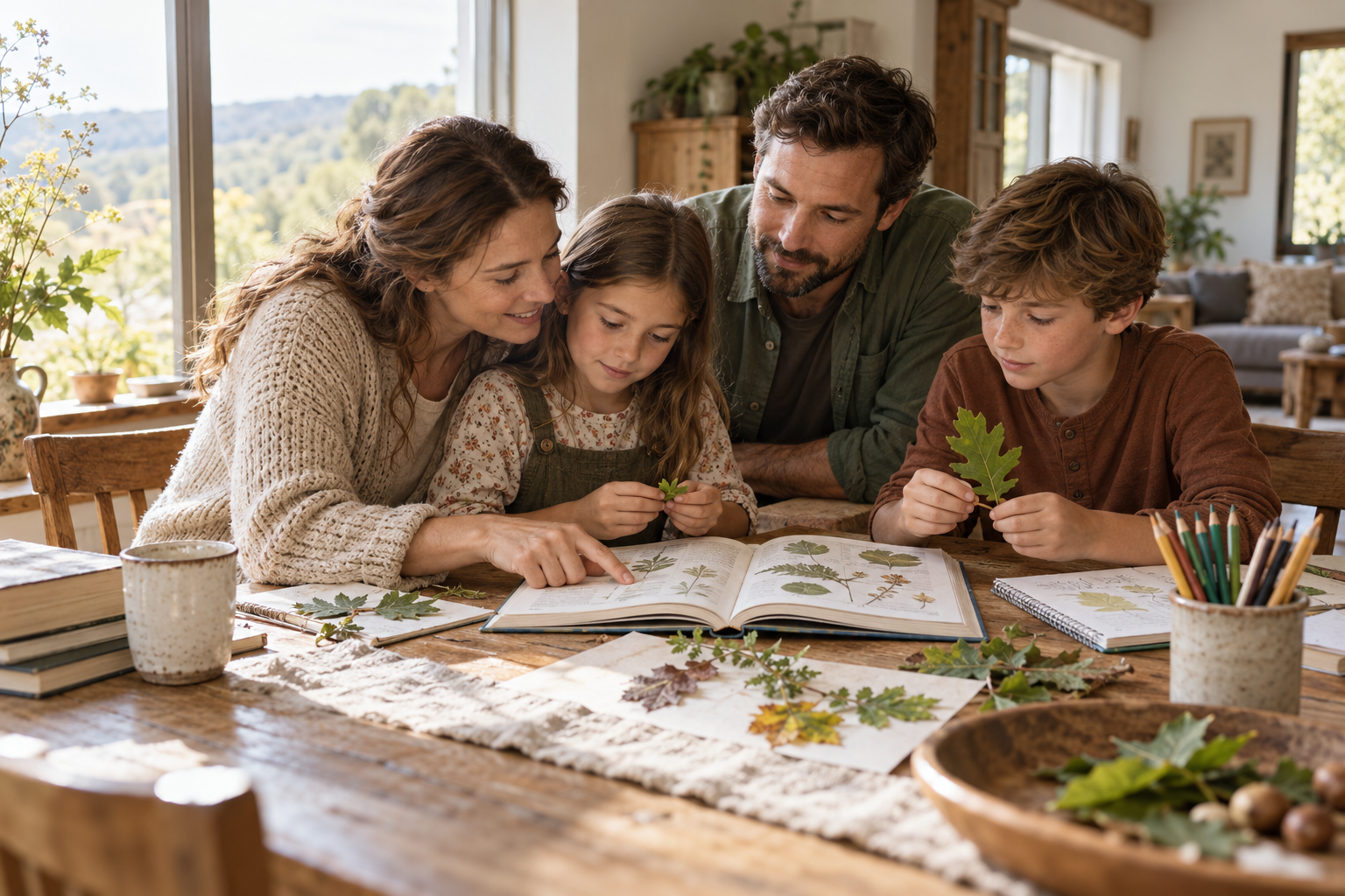 Familia aprendiendo junta con libros, hojas y cuadernos alrededor de una mesa